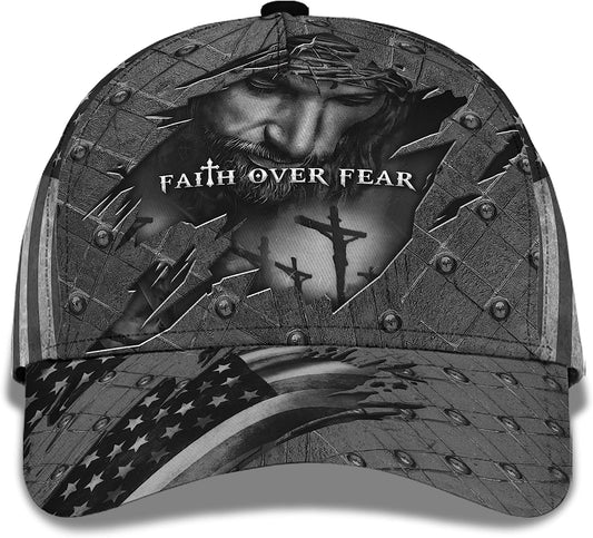 Faith Over Fear God With Cross And American Flag All Over Print Baseball Cap - Christian Hats For Men Women
