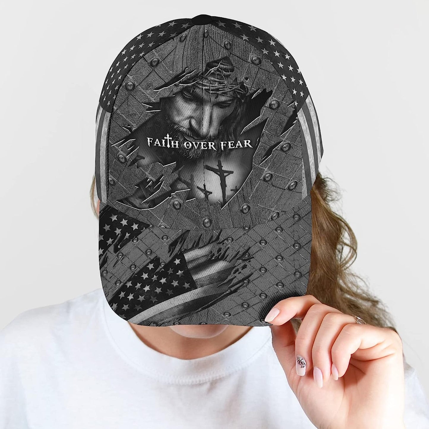 Faith Over Fear God With Cross And American Flag All Over Print Baseball Cap - Christian Hats For Men Women