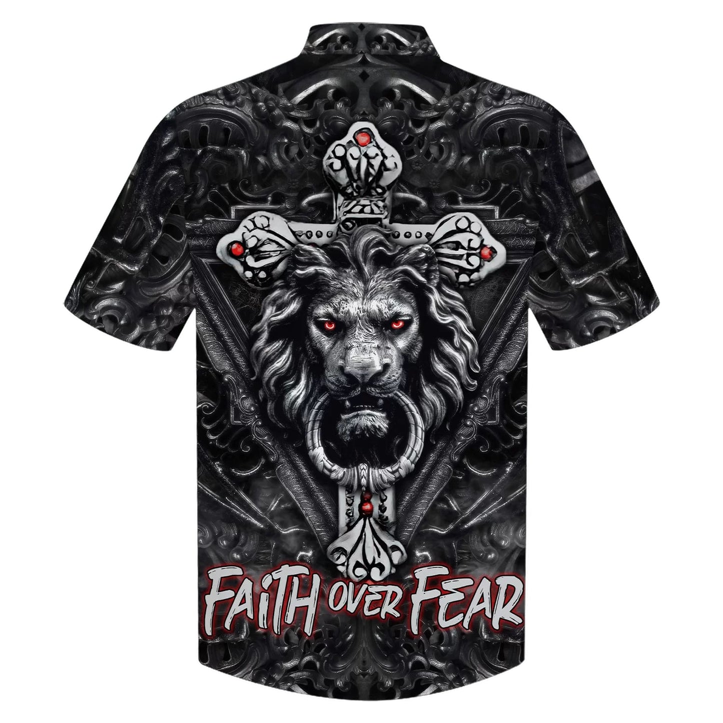 Faith Over Fear Gothic Lion Black Hawaiian Shirts - Christian Hawaiian Shirt - Hawaiian Shirts For Men