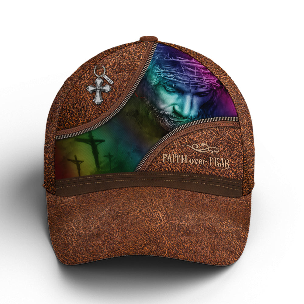 Faith Over Fear Jesus Leather Style Baseball Cap