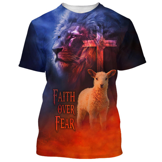 Faith Over Fear Lion And The Lamb 3d T-Shirts - Christian Shirts For Men&Women