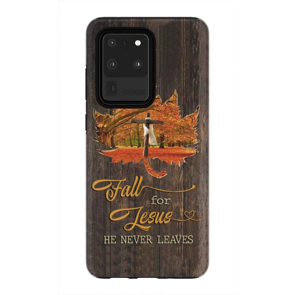 Fall For Jesus He Never Leaves Cross On Autumn Leaves Christian Phone Case - Bible Verse Phone Cases Samsung