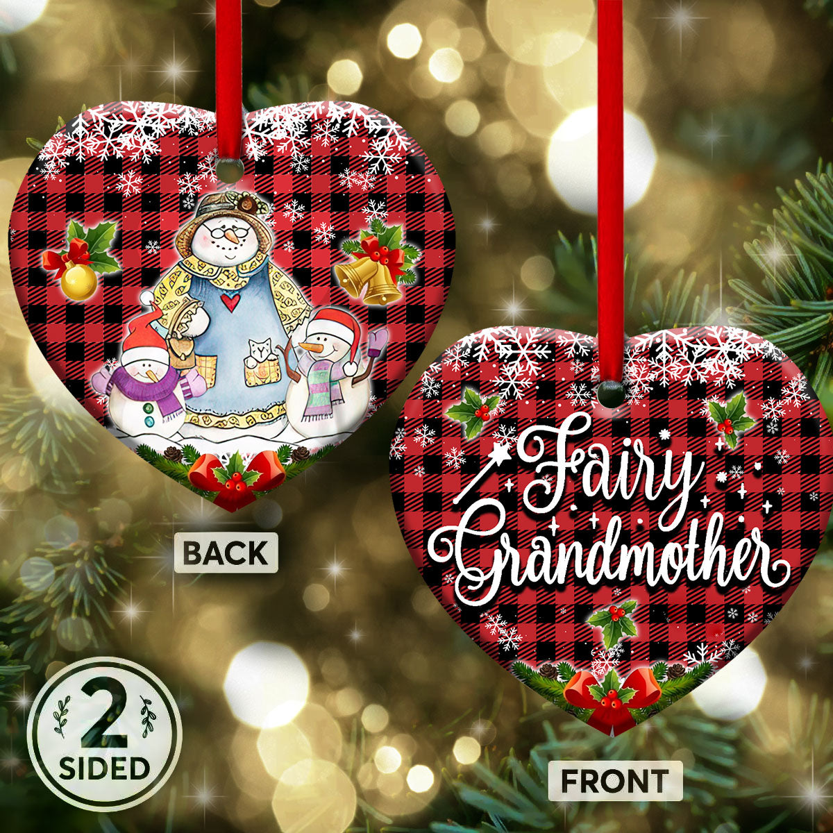 Family Snowman Fairy Grandmother With Two Grandkids Heart Ceramic Ornament - Christmas Ornament - Christmas Gift