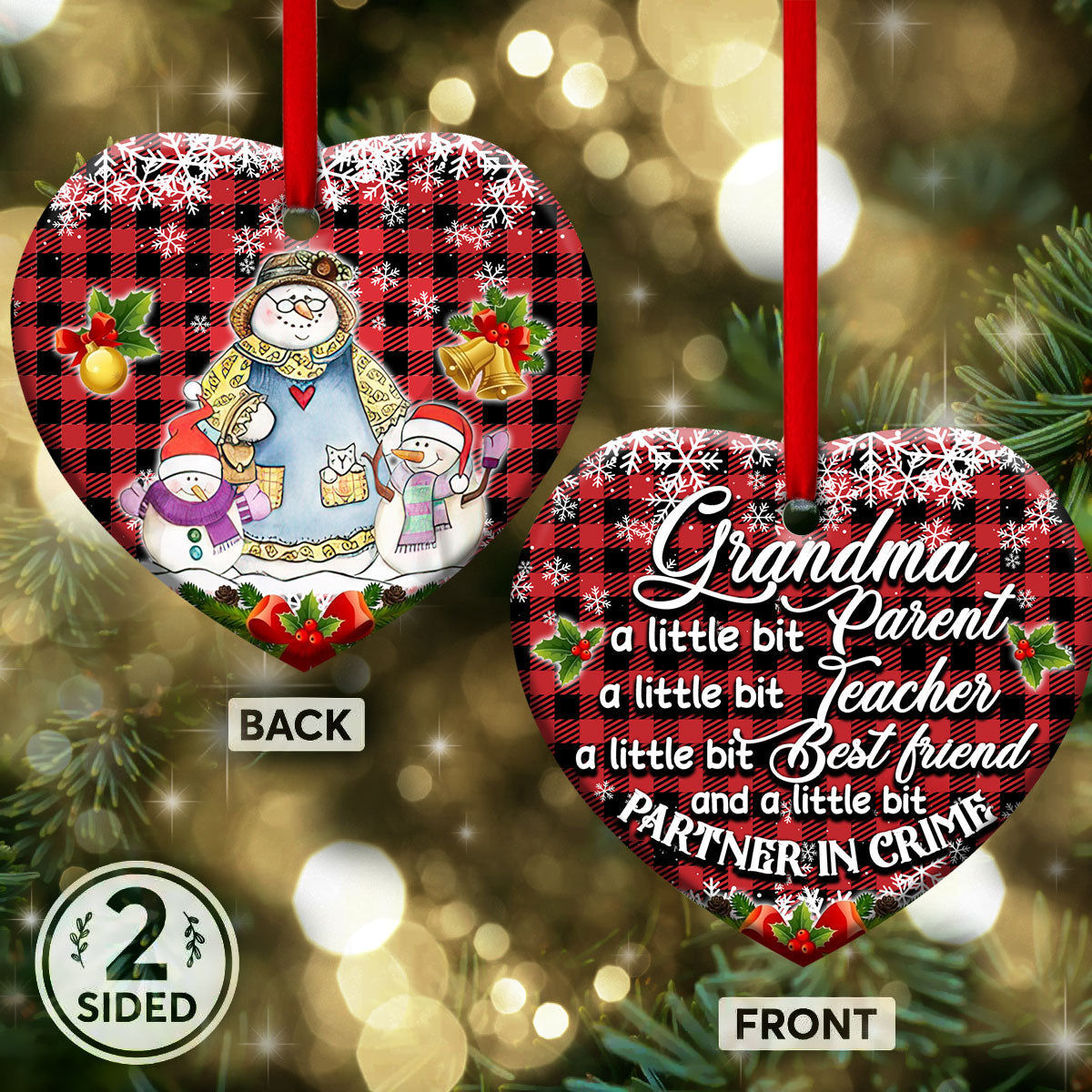 Family Snowman Grandma With Two Children Heart Ornament - Christmas Ornament - Ciaocustom