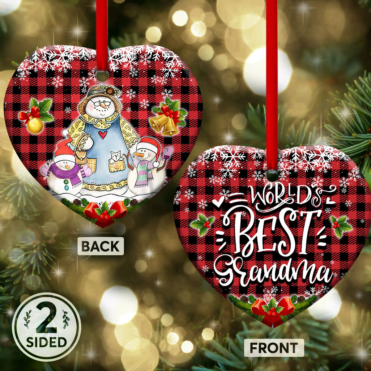 Family Snowman World Best Grandma With Two Grandkids Heart Ceramic Ornament - Christmas Ornament - Christmas Gift