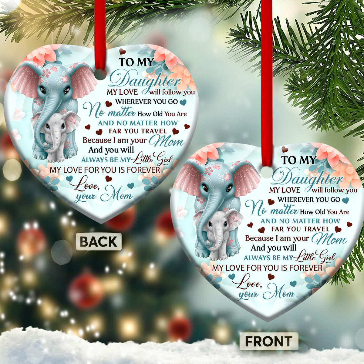 Family To My Daughter Elephant Heart Ceramic Ornament - Christmas Ornament - Christmas Gift