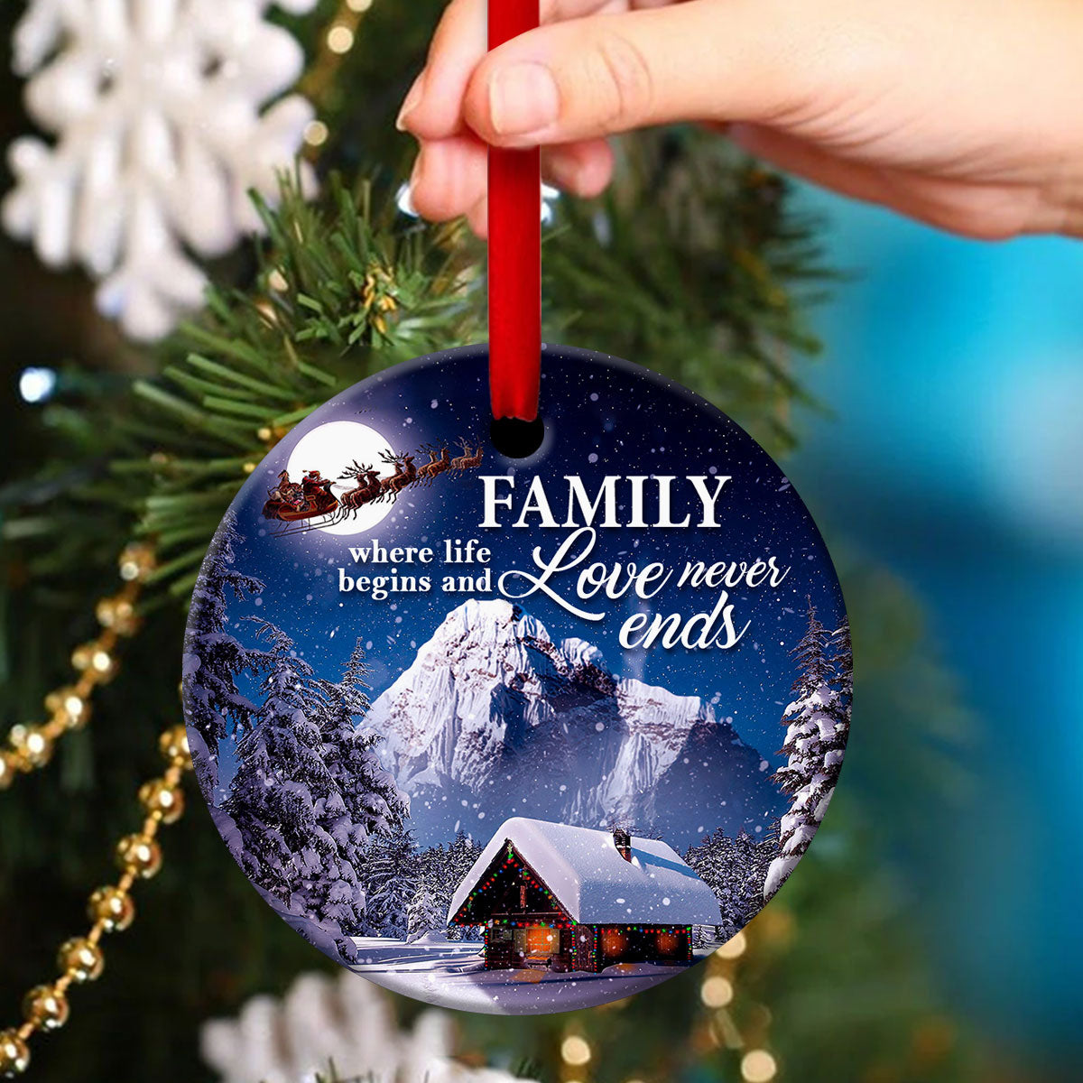 Family Where Love Never Ends - Awesome Christmas Ceramic Circle Ornament - Christmas Decor
