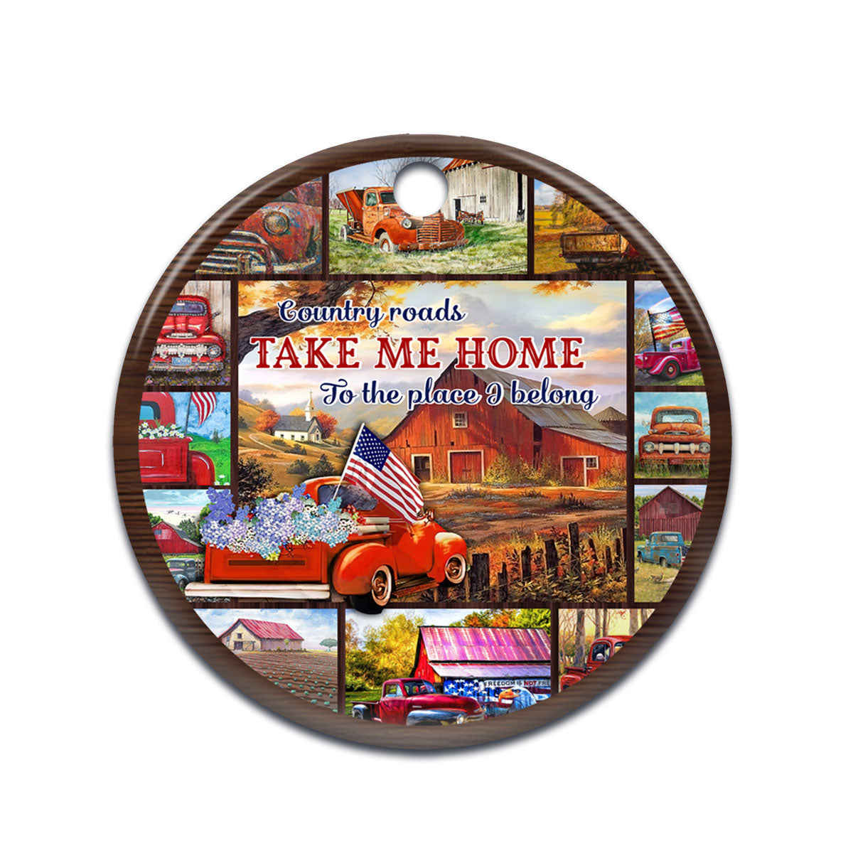 Farm Red Truck Country Roads Circle Ornament - Christmas Ornament - Ciaocustom