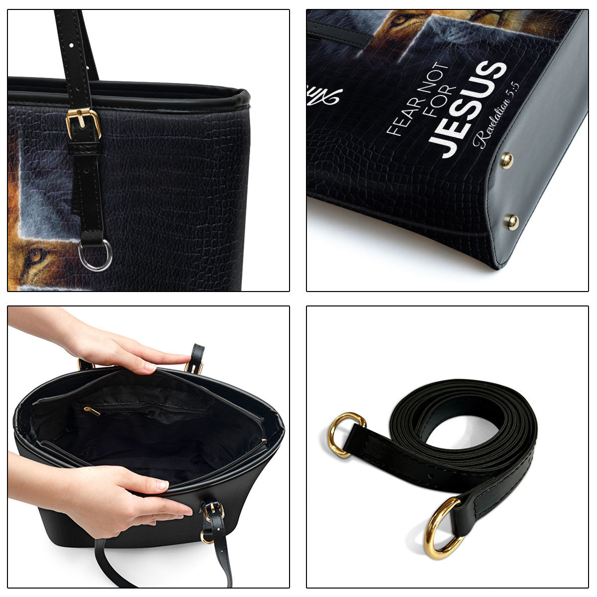 Fear Not For Jesus Personalized Lion Large Leather Tote Bag - Christian Gifts For Women