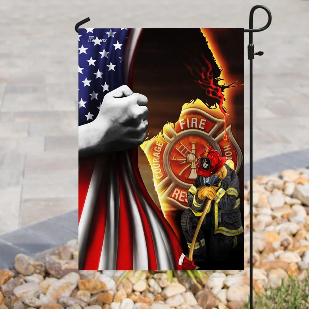 Firefighter Jesus Christian American Flag - Outdoor Christian House Flag - Christian Garden Flags
