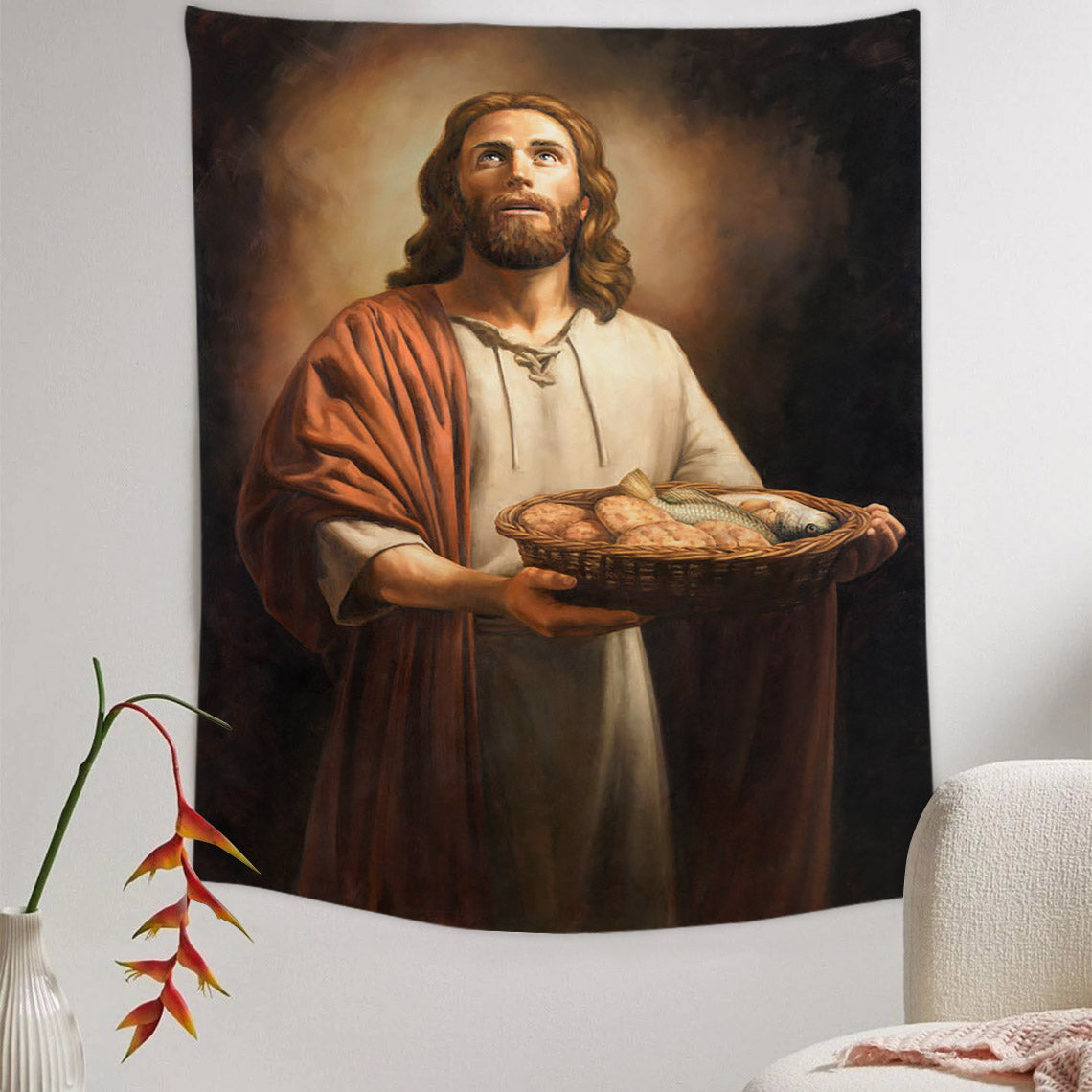 Five Loaves And Two Fishes Tapestry - Jesus Picture - Religious Tapestry - Christian Tapestry Wall Hangings