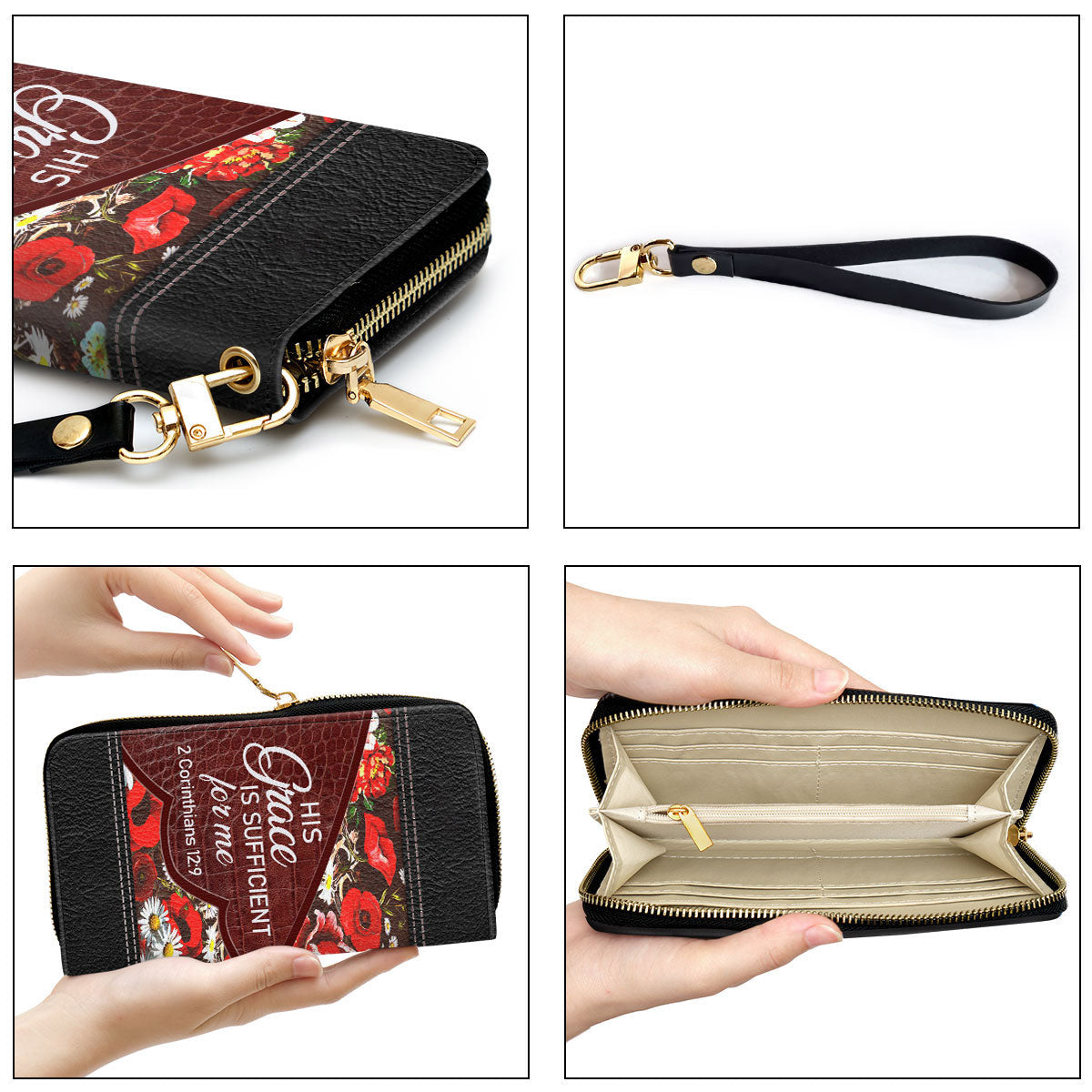 Floral His Grace Is Sufficient For Me 2 Corinthians 129 Christ Gifts With Bible Verse For Women Clutch Purse For Women - Personalized Name