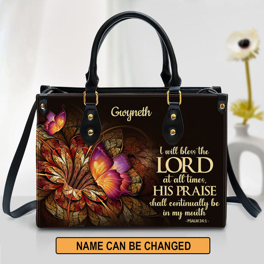 Flower & Butterfly Psalm 34 1 I Will Bless The Lord At All Times Leather Bag - Personalized Leather Bible Handbag - Christian Gifts for Women