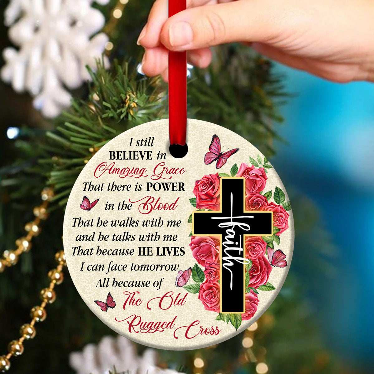 Flower Ceramic Circle Ornament - Because He Lives I Can Face Tomorrow - Ornaments Hanging Gift