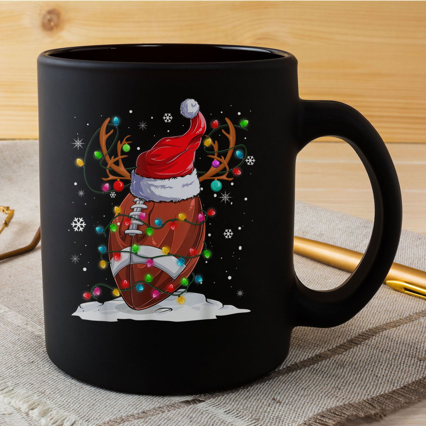 Football Santa Hat Reindeer Christmas Lights Funny Xmas Mug