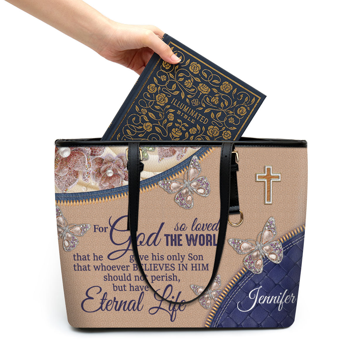 For God So Loved The World Personalized Large Leather Tote Bag - Christian Gifts For Women