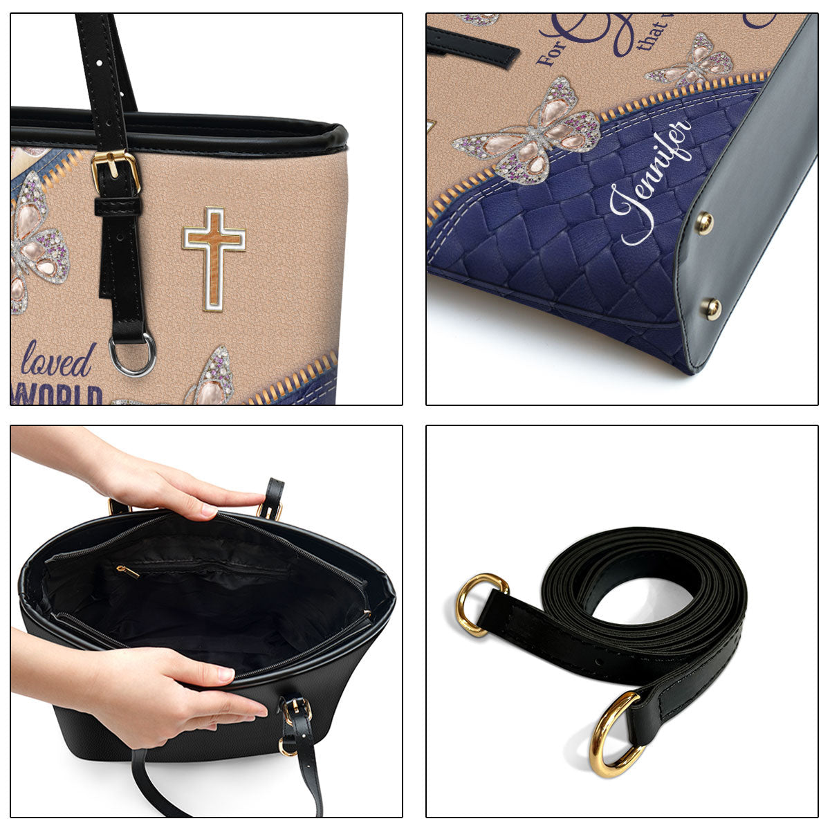 For God So Loved The World Personalized Large Leather Tote Bag - Christian Gifts For Women