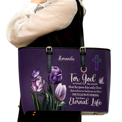 For God So Loved The World Personalized Leather Tote Bag - Christian Gifts For Women