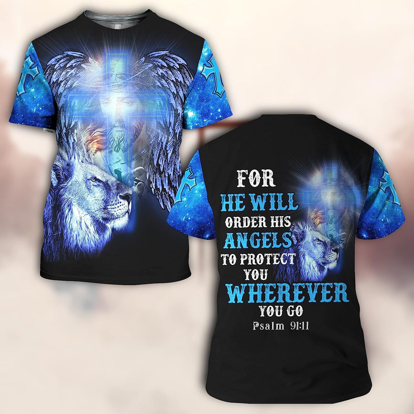 For He Will Order His Angels Lion Cross All Over Printed 3D T Shirt - Christian Shirts for Men Women