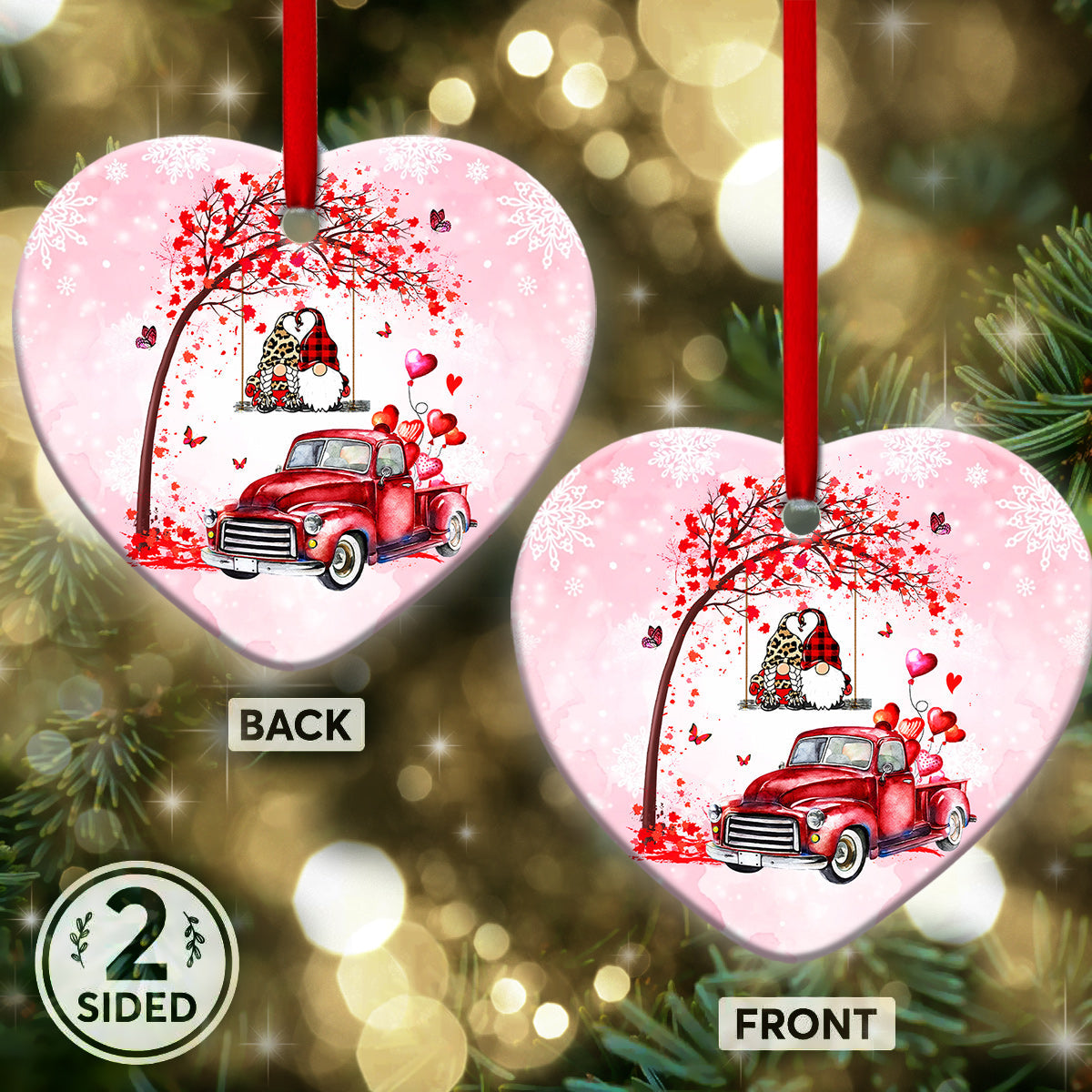 Gnome Red Truck Couple Heart Ceramic Ornament - Christmas Ornament - Christmas Gift