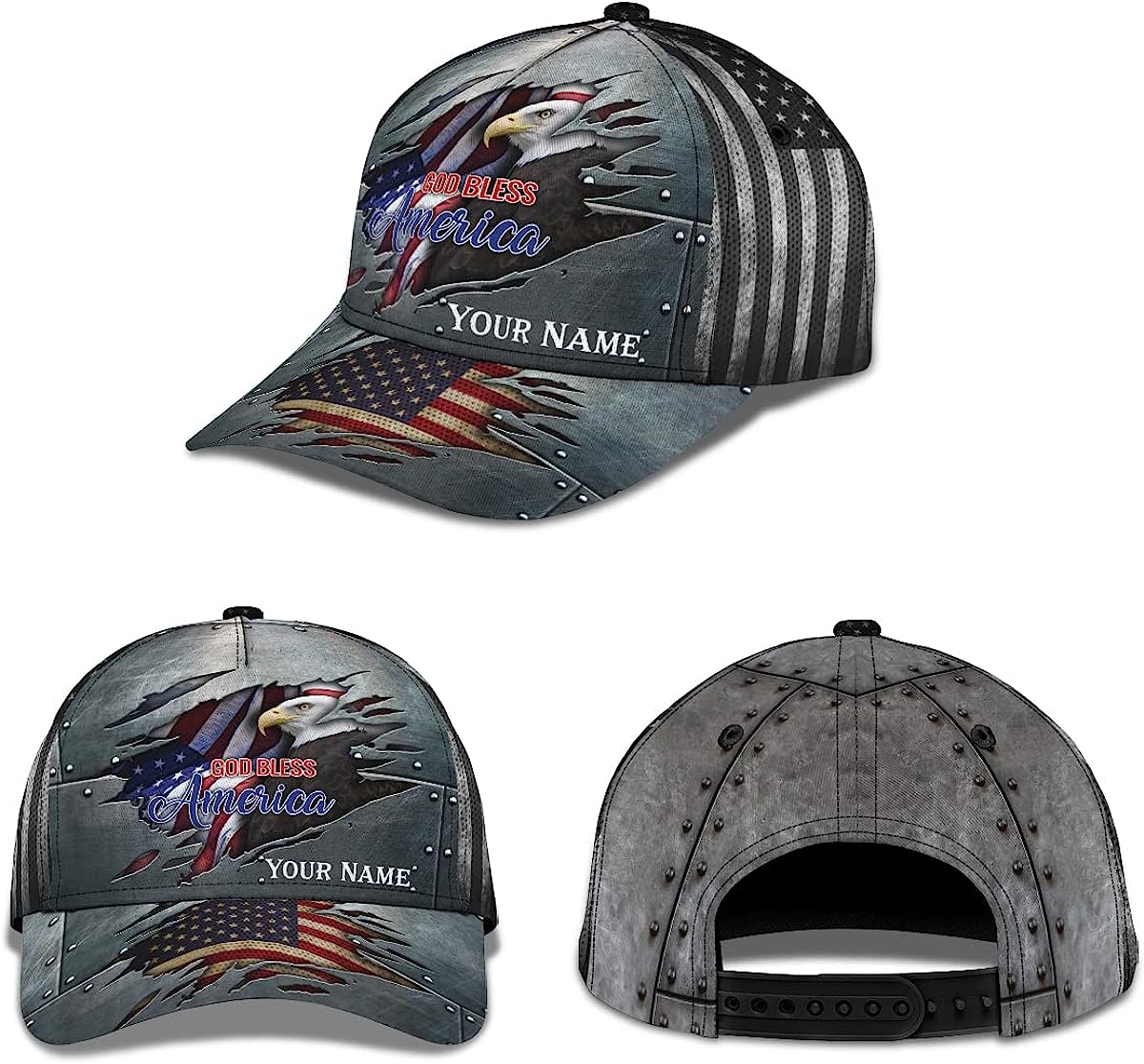 God Bless America Bald Eagle Patriotic All Over Print Baseball Cap - Christian Hats For Men Women