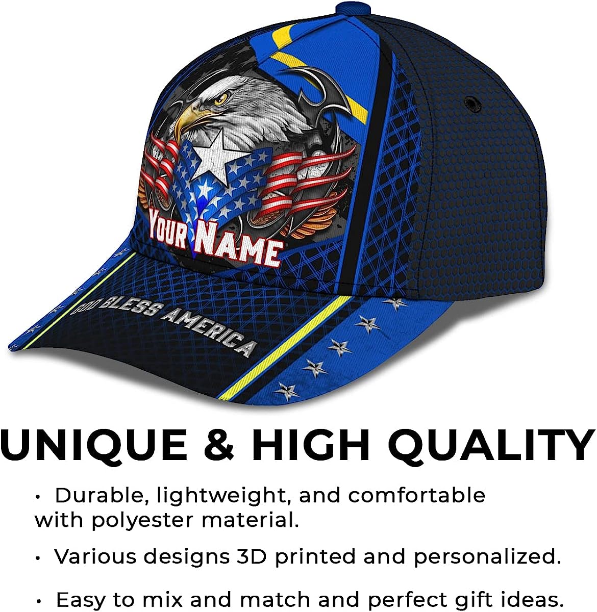 God Bless America Bald Eagle Stars Custom Name All Over Print Baseball Cap - Christian Hats For Men Women