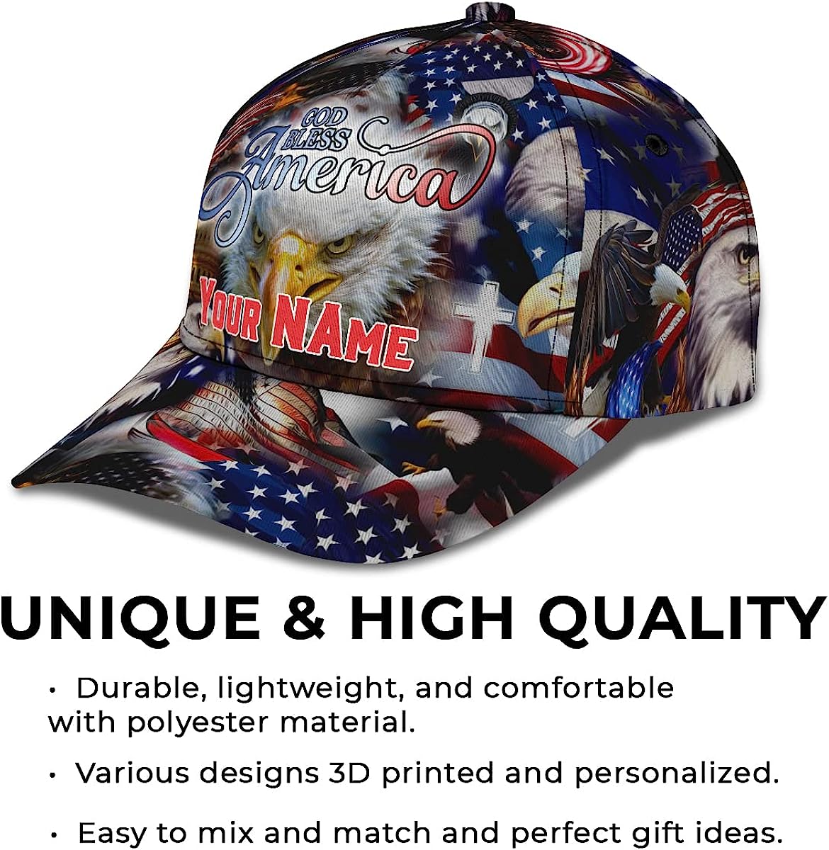 God Bless America Bald Eagles America Flag Custom Name All Over Print Baseball Cap - Christian Hats For Men Women