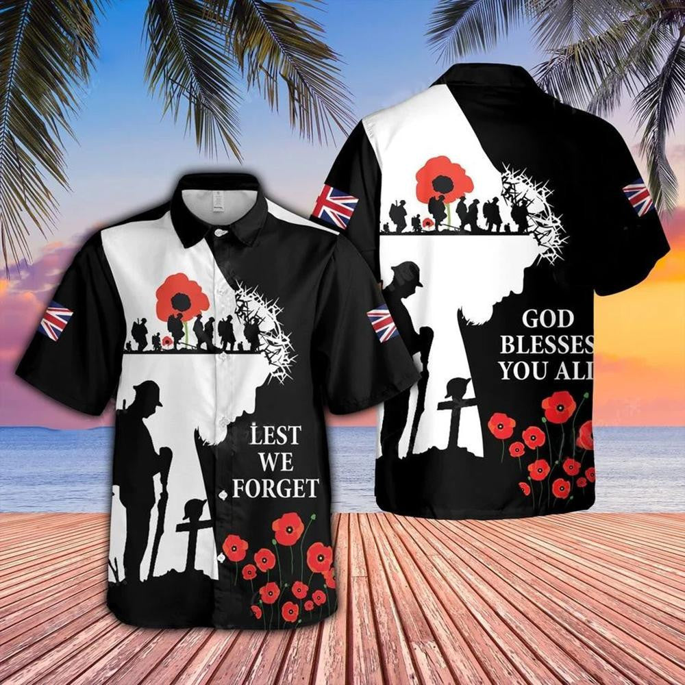 God Blessed You All Veteran Silhouette Lest We Forget Black And White Hawaiian Shirt - Christian Hawaiian Shirt for Men Women