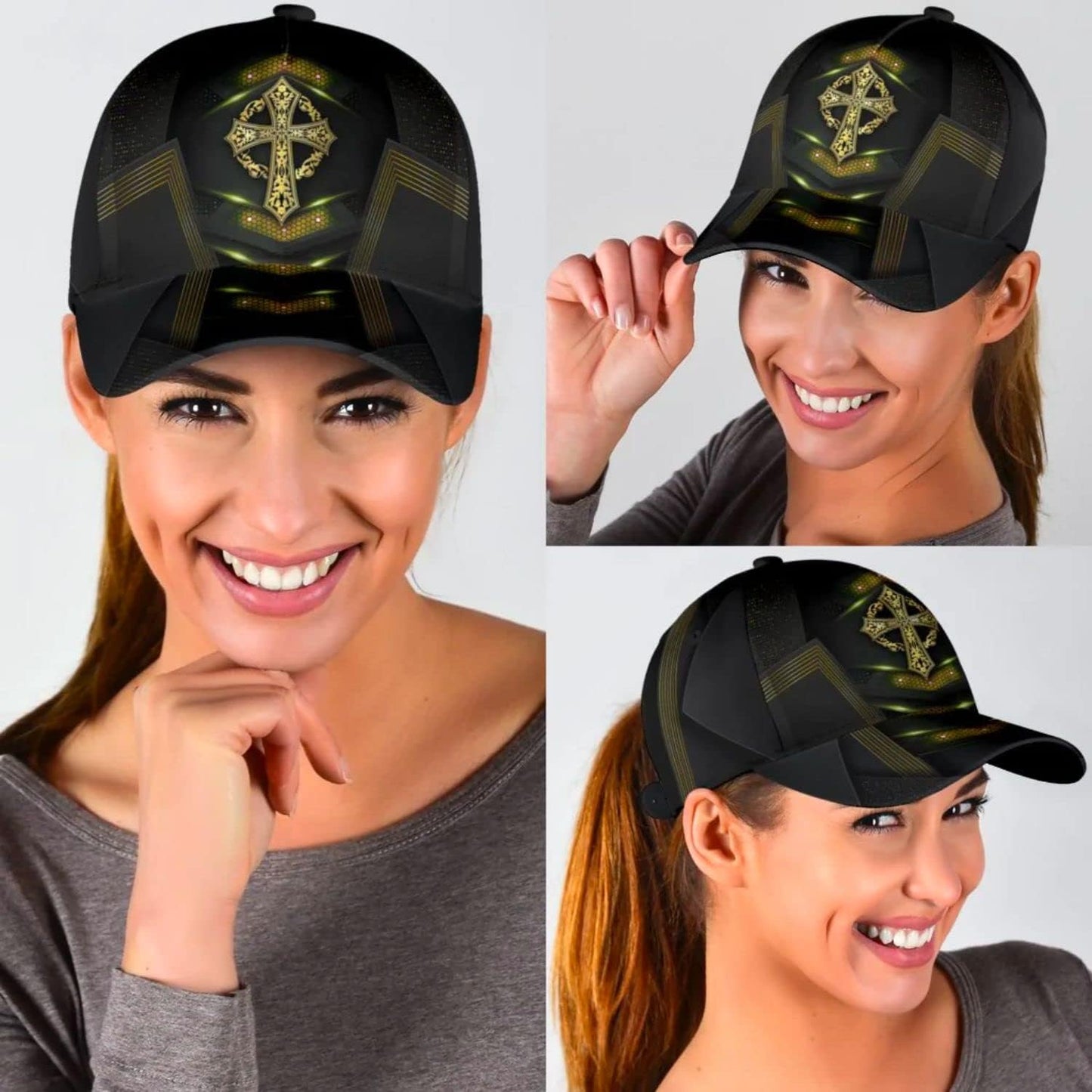 God Cross Metal Gold All Over Print Baseball Cap - Christian Hats For Men Women