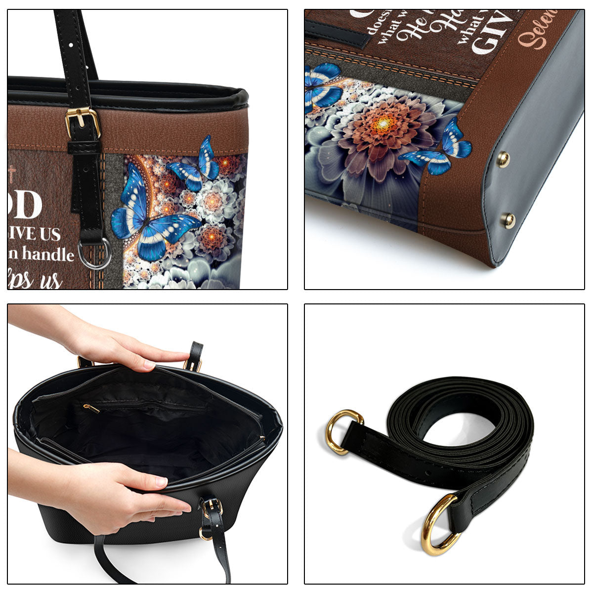 God Doesn‘t Give Us What We Can Personalized Rose Large Leather Tote Bag - Christian Gifts For Women