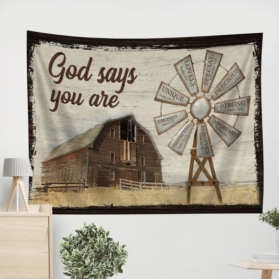 God Says You Are Tapestry Wall Art Farmhouse Windmill Christian Decor - Religious Tapestry - Jesus Tapestry