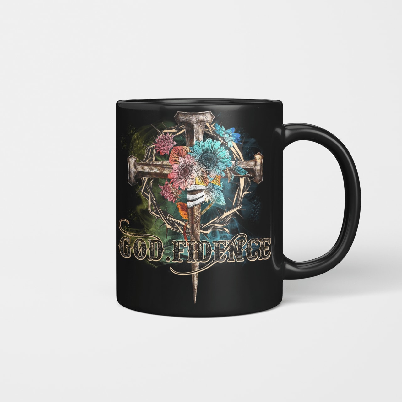 Godfidence, Flower, Three Nails, Crown Of Thorns, God Mug, Faith Mug, Jesus Mug, Christ Mug