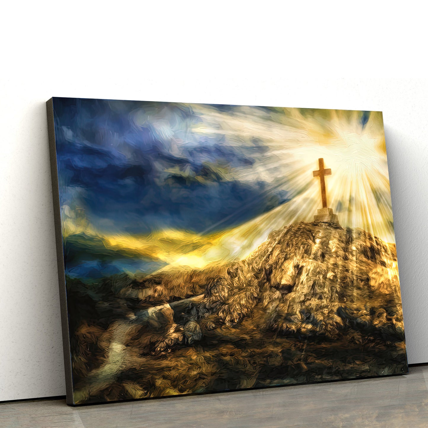 Golden Cross on the Hill Religious Canvas Wall Art - Christian Canvas Wall Decor - Religious Wall Art Canvas