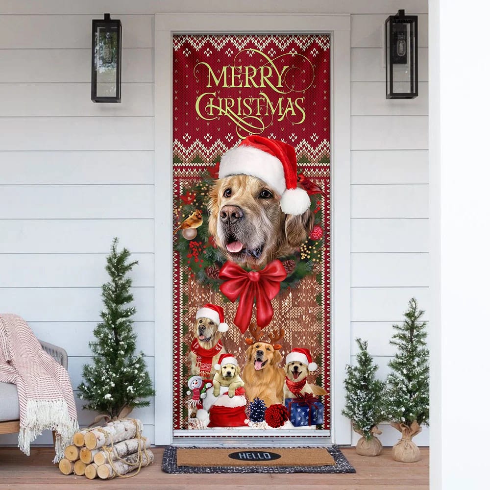 Golden Retriever Happy House Christmas Door Cover - Christmas Outdoor Decoration