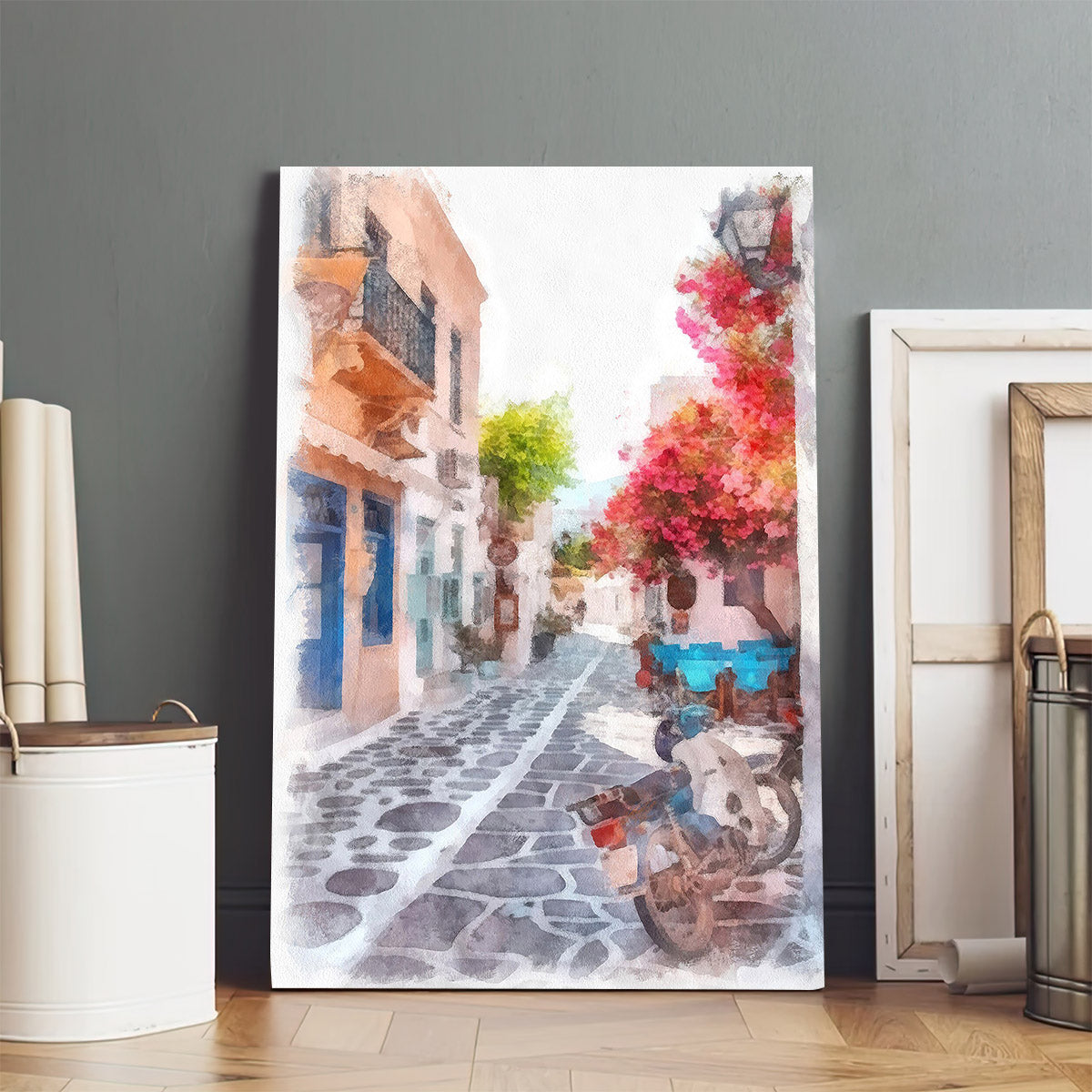 Greek Island Street Painting Canvas Wall Art - Canvas Wall Decor - Home Decor Living Room