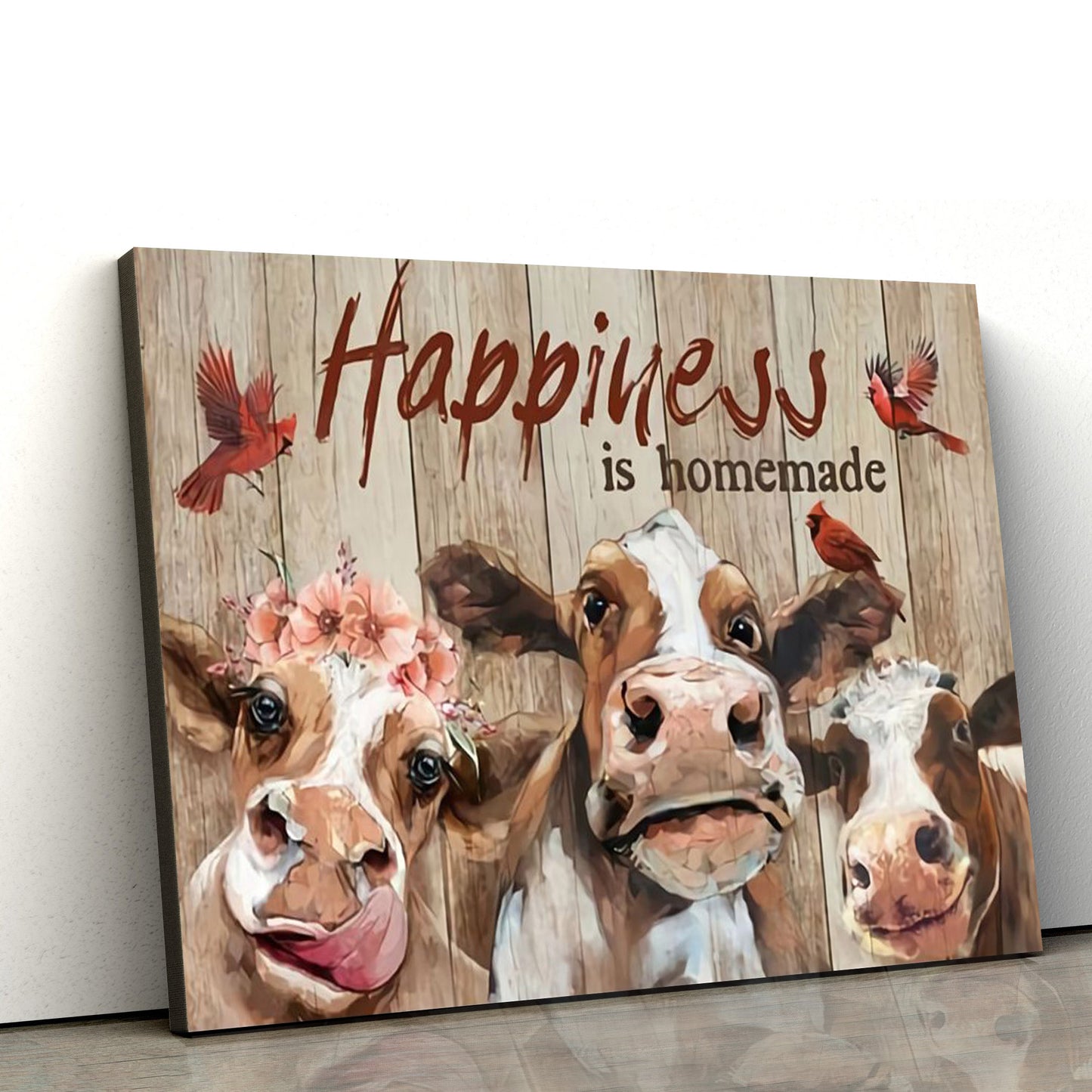 Happiness Is Homemade Cow Canvas Wall Art - Christian Canvas Wall Decor - Bible Verse Wall Art Canvas - Farmer Gift