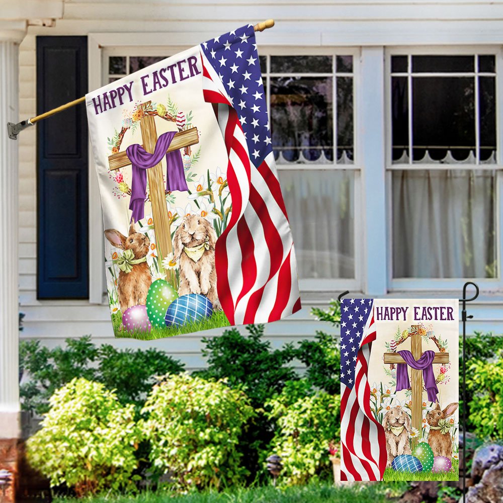 Happy Easter Christian Cross Bunny Easter Flag - Religious Easter House Flags - Easter Garden Flags