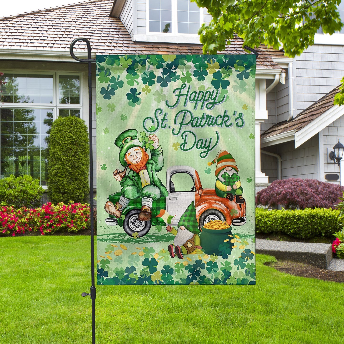 Happy St. Patrick's Day Gnomes Shamrocks House Flag - St. Patrick's Day Garden Flag - Outdoor St Patrick's Day Decor