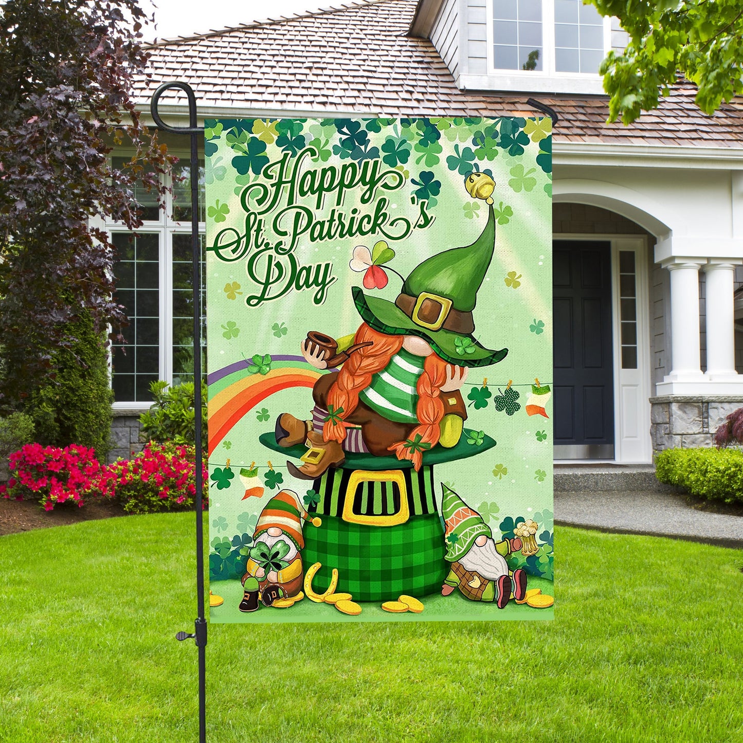 Happy St. Patricks Day Gnomes Shamrocks House Flag - St. Patrick's Day Garden Flag - Outdoor St Patrick's Day Decor