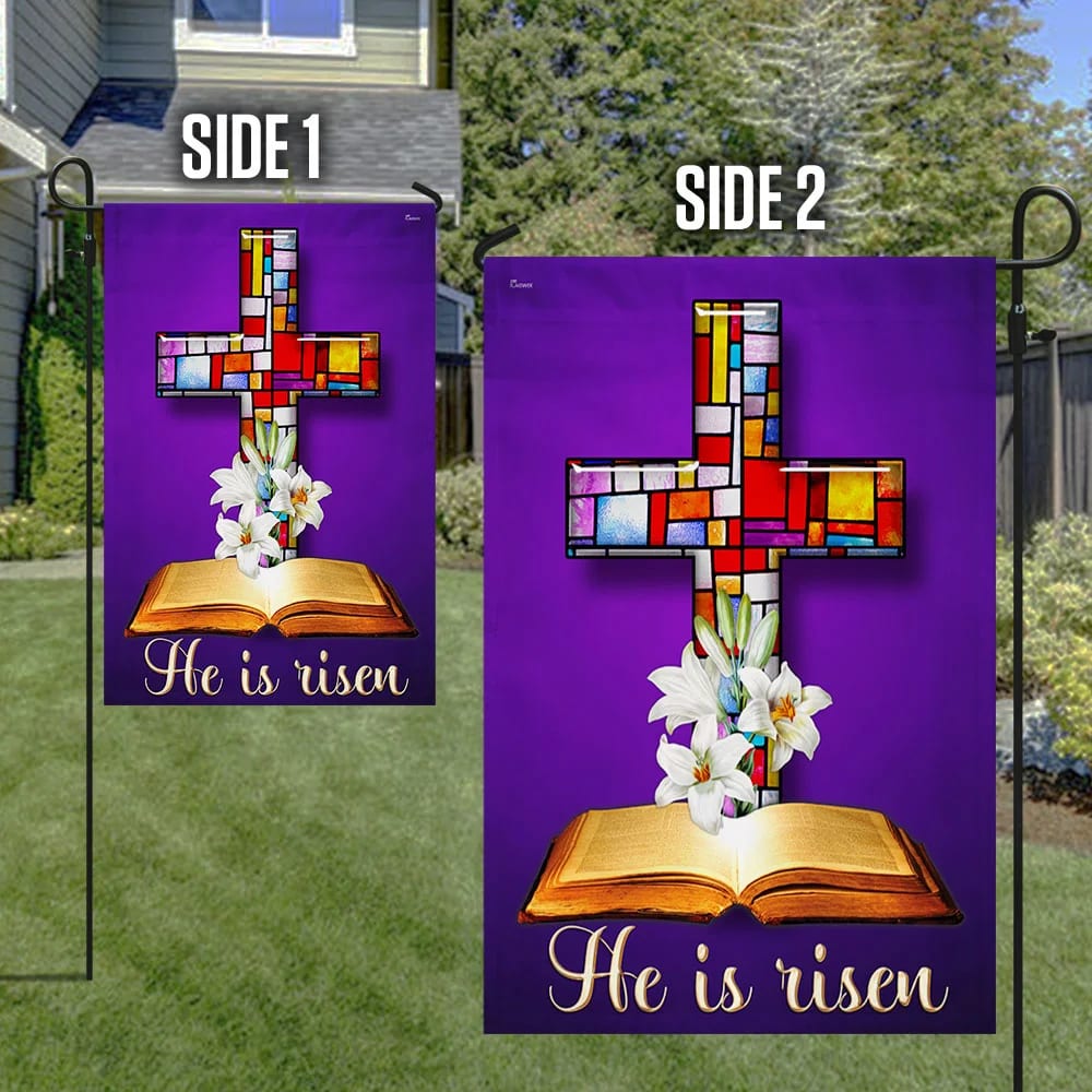 He Is Risen Lily Stained Glass Christian Cross Easter House Flags - Easter Cross Garden Flags