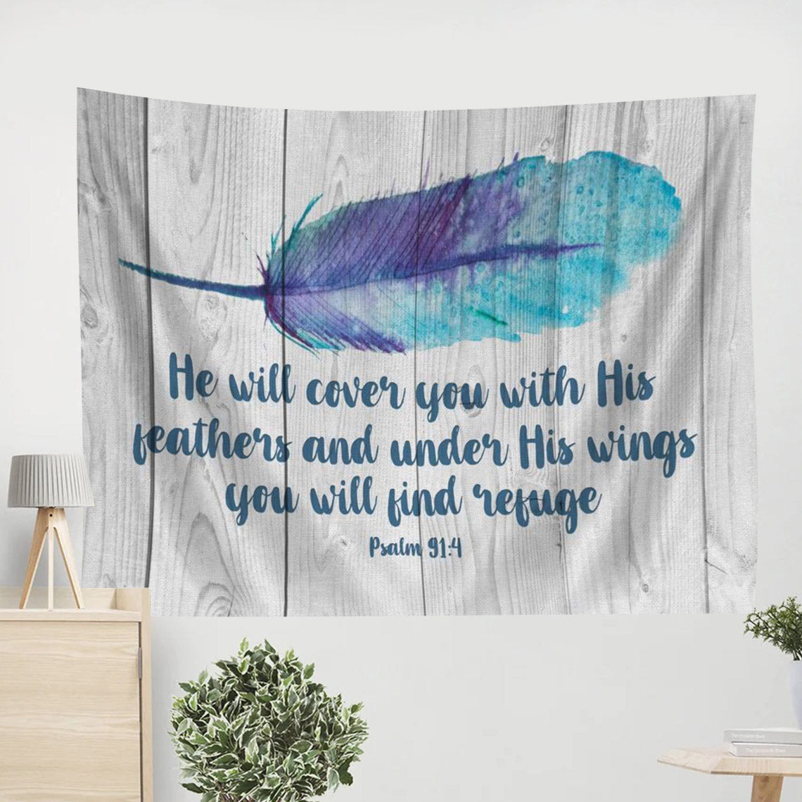 He Will Cover You With His Feathers Psalm 914 Bible Verse Wall Art - Christian Wall Tapestry - Tapestry Wall Hanging