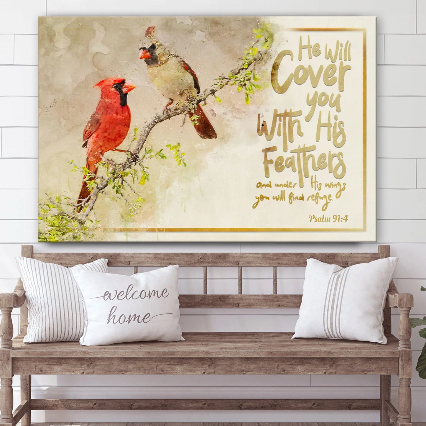 He Will Cover You With His Feathers Wall Art Canvas - Couple Cardinal Christian Decor