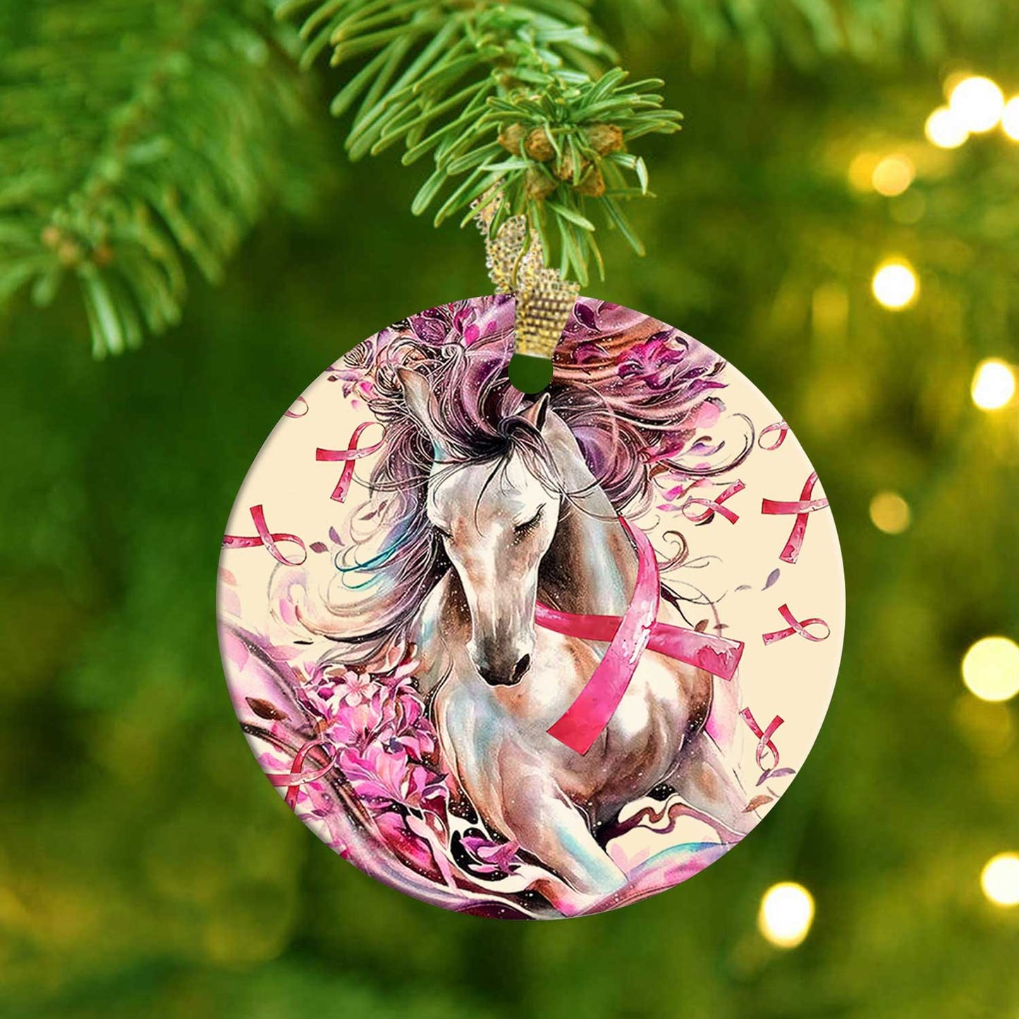 Horse Breast Cancer Ceramic Circle Ornament - Decorative Ornament - Christmas Ornament