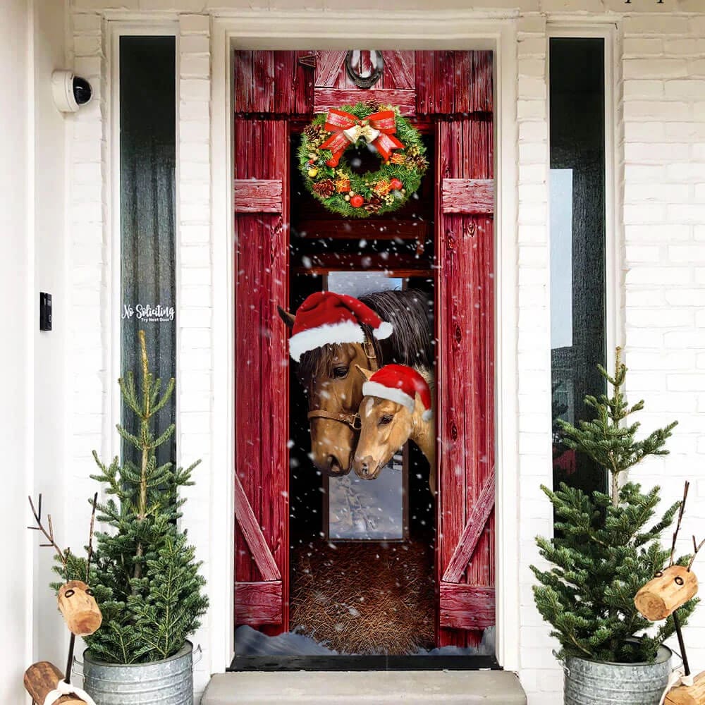 Horse Christmas Barn Door Cover - Christmas Horse Decor - Christmas Outdoor Decoration