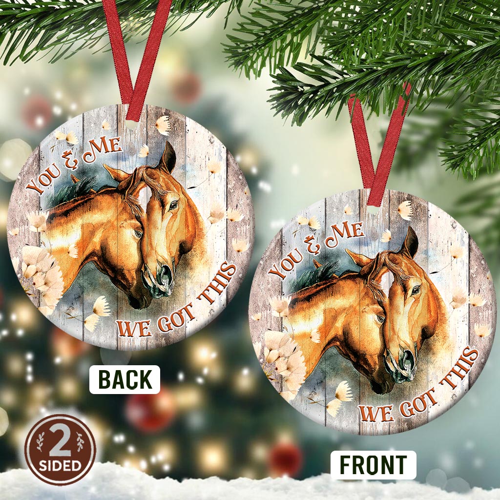 Horse Couple Wood Style Ceramic Circle Ornament - Decorative Ornament - Christmas Ornament