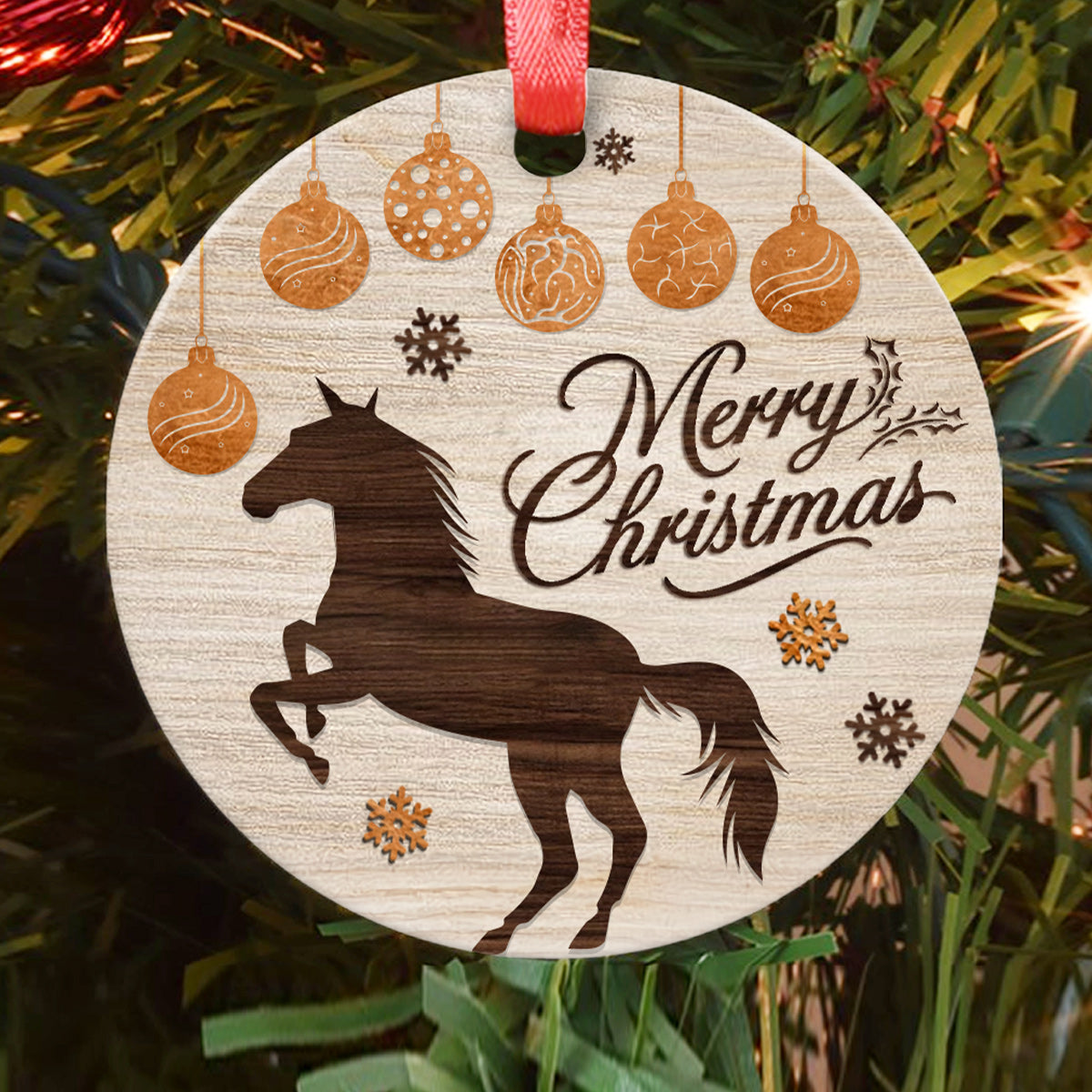 Horse Wooden Style Merry Christmas Circle Ornament - Christmas Ornament - Ciaocustom