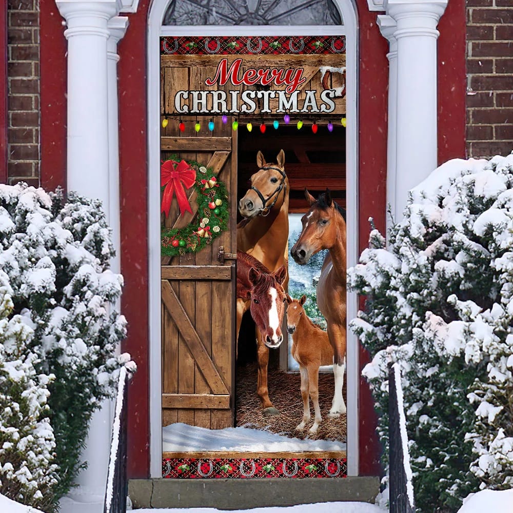 Horses Merry Christmas Door Cover - Christmas Horse Decor - Christmas Outdoor Decoration
