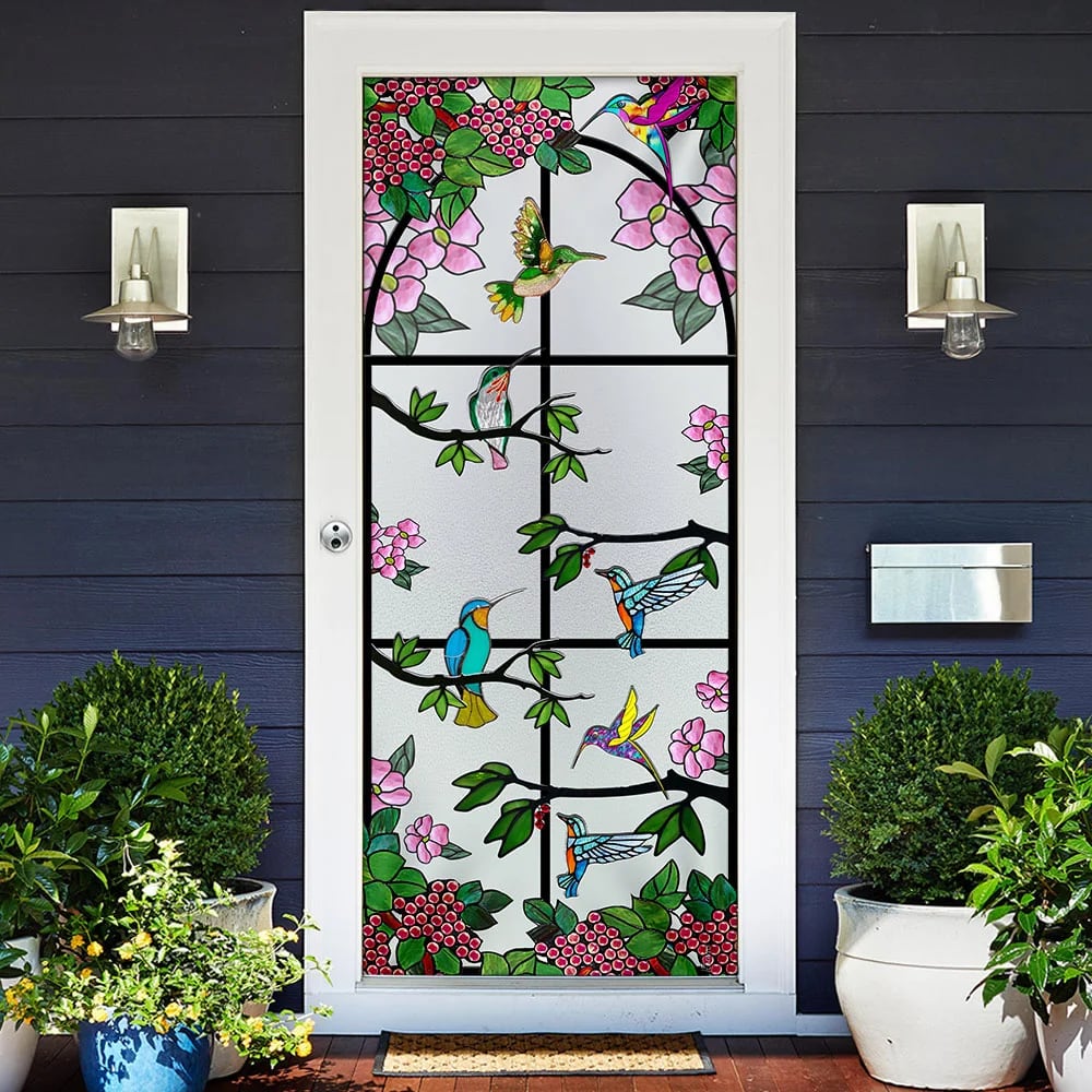 Hummingbird Floral Garden Stained Glass Door Cover - Religious Door Decorations - Christian Home Decor