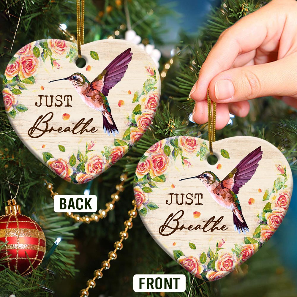 Hummingbird Just Breathe Heart Ceramic Ornament - Christmas Ornament - Christmas Gift