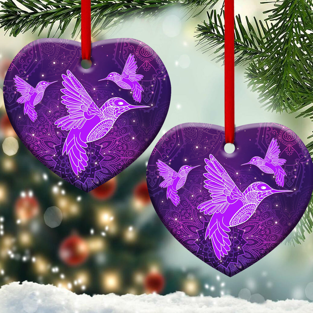 Hummingbird Purple Mandala Heart Ceramic Ornament - Christmas Ornament - Christmas Gift